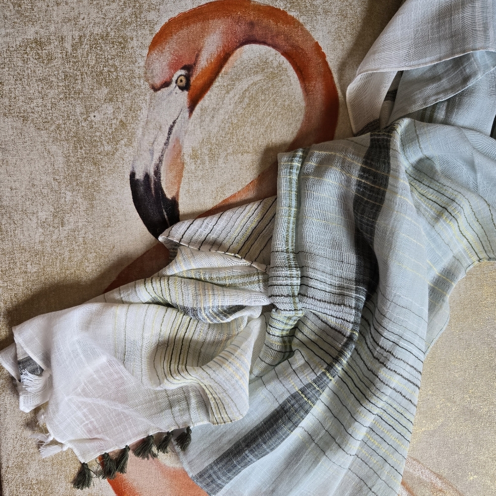 3/$25 NWT J Jill Cotton Scarf Stripe Plaid Ombre Blue Green Gray Cream Tassel